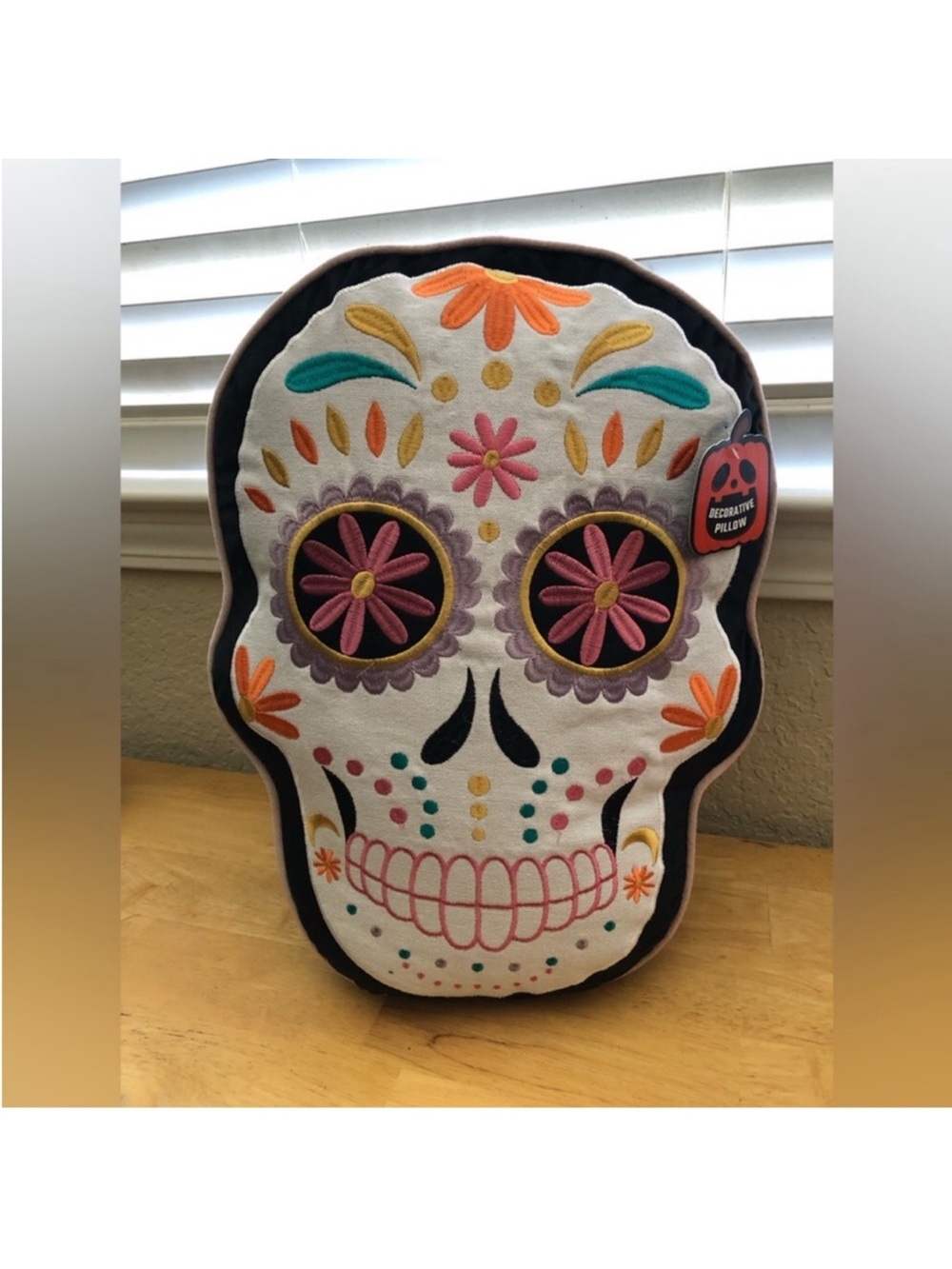 Embroidered Sugar Skull Decorative Pillow - White with Multicolor Accents